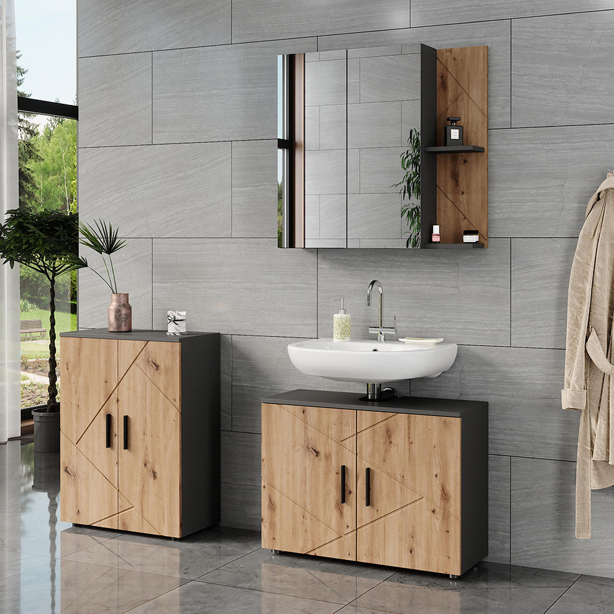 BADMÖBEL-SET Irma Anthrazit/Artisan 3 Teile - Anthrazit/Hellgrau, Holzwerkstoff (80/59/30cm) - Vicco