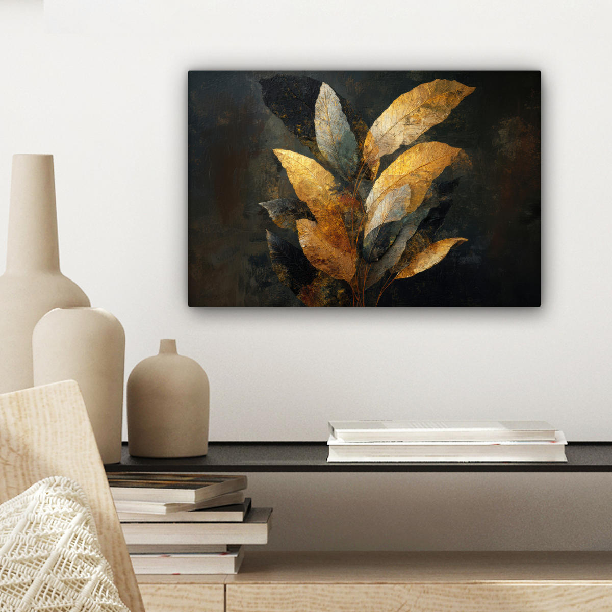 LEINWANDBILD Golden Leaf Komposition - Botanical Luxury Deko Schlafzimmer 30x20 cm - Goldfarben/Schwarz, Textil (30/20cm) - MuchoWow