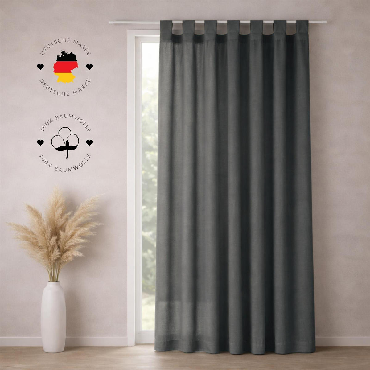 SCHLAUFENSCHAL Gardine 145x250 cm aus 100% Baumwolle. Eleganter Stone Washed Fenster Vorhang mit Schlaufen - Anthrazit - Naturfarben, Textil (145/250cm) - Carpe Sonno