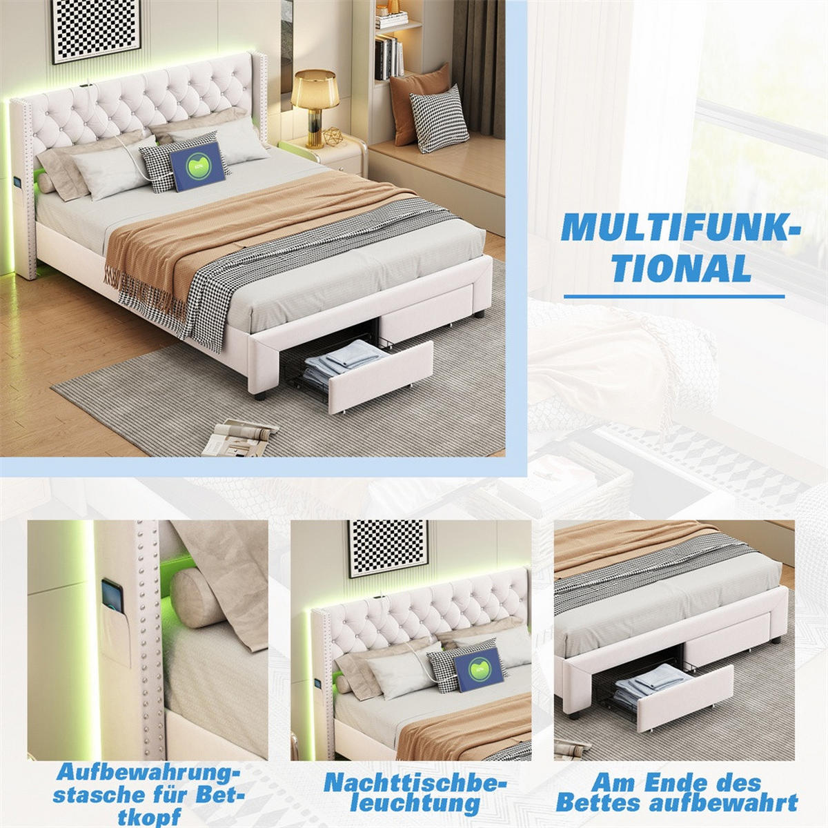 POLSTERBETT 180x200 cm mit LED-Beleuchtung - mit USB-Ports, Seitentaschen und 2 Schubladen - Kopfteil im Nieten-Design - Beige, Textil (180/200cm) - DELFA