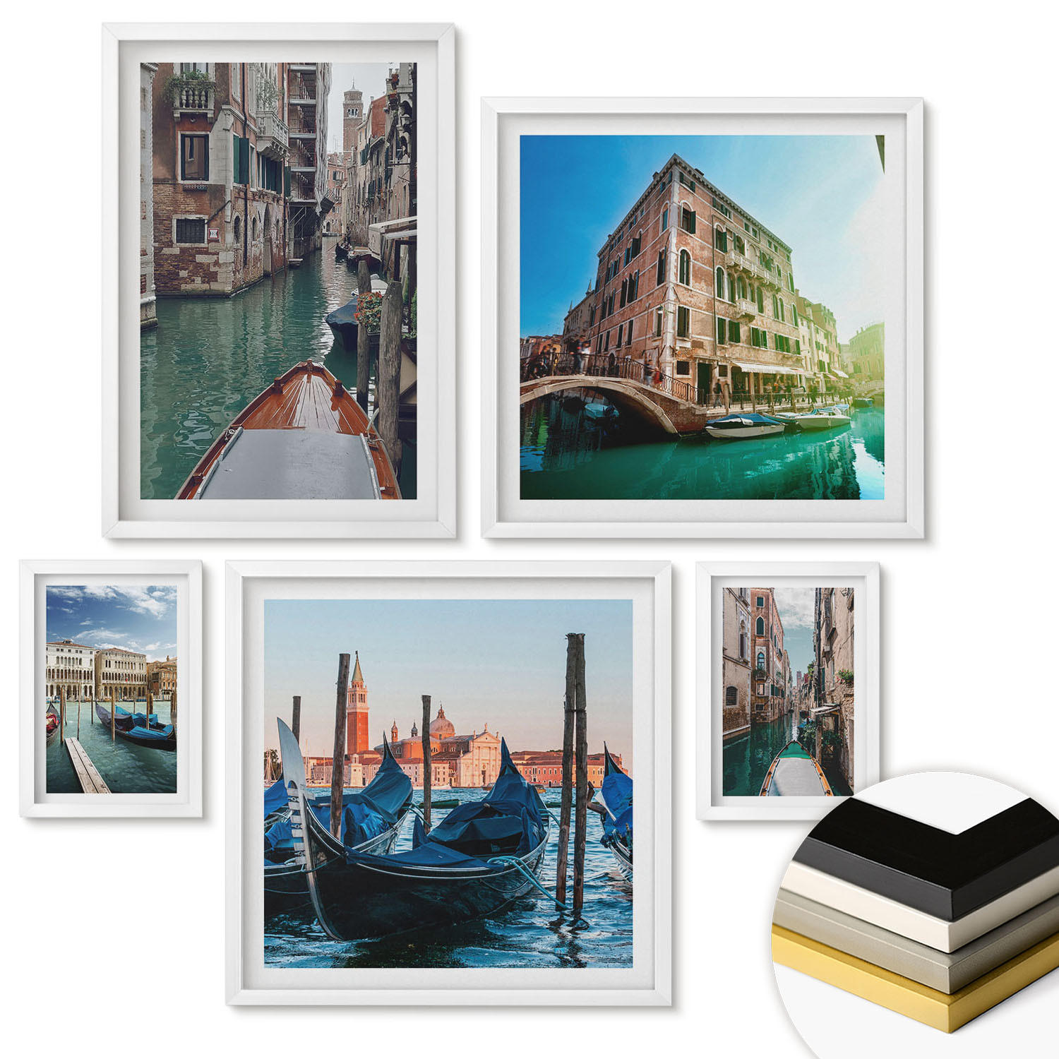 WANDBILDER 5er-Set - 50x50 cm & 20x30 cm & 40x60 cm Weißer Rahmen - Küchenutensilienmuster Blätter - Weiß, Kunststoff (40/60cm) - ArtPrintCave
