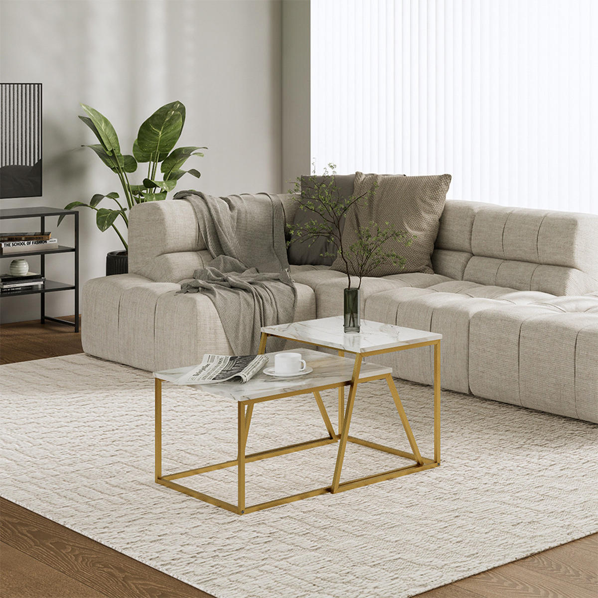 COUCHTISCH-SET Myra Marmor-Weiß/Gold 60 x 50 cm 2 Teile - Weiß Hochglanz/Goldfarben, Holzwerkstoff (50/60/38cm) - Vicco