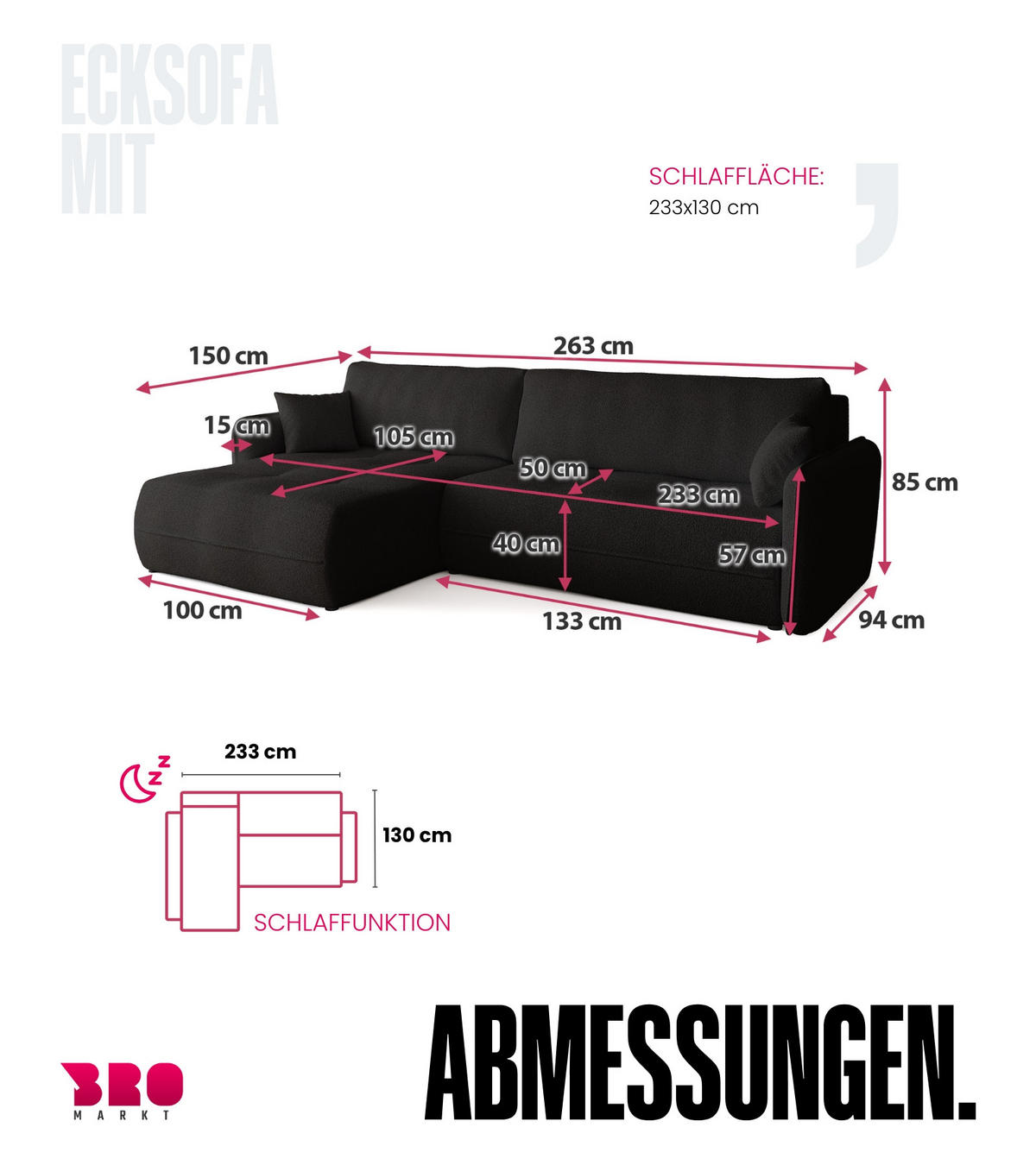 ECKSOFA CLAUDIO mit Schlaffunktion Schwarz - Schwarz, Textil (263/150cm) - Bromarkt