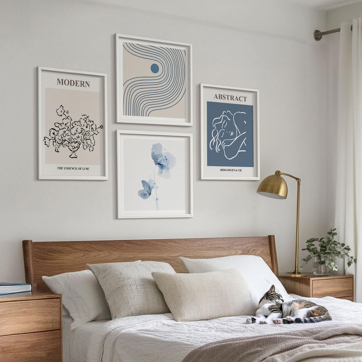 WANDBILDER 4er-Set - 50x50 cm & 40x60 cm Weißer Rahmen - abstrakte Poster mit Blumenlinien - Weiß, Kunststoff (50/50cm) - ArtPrintCave