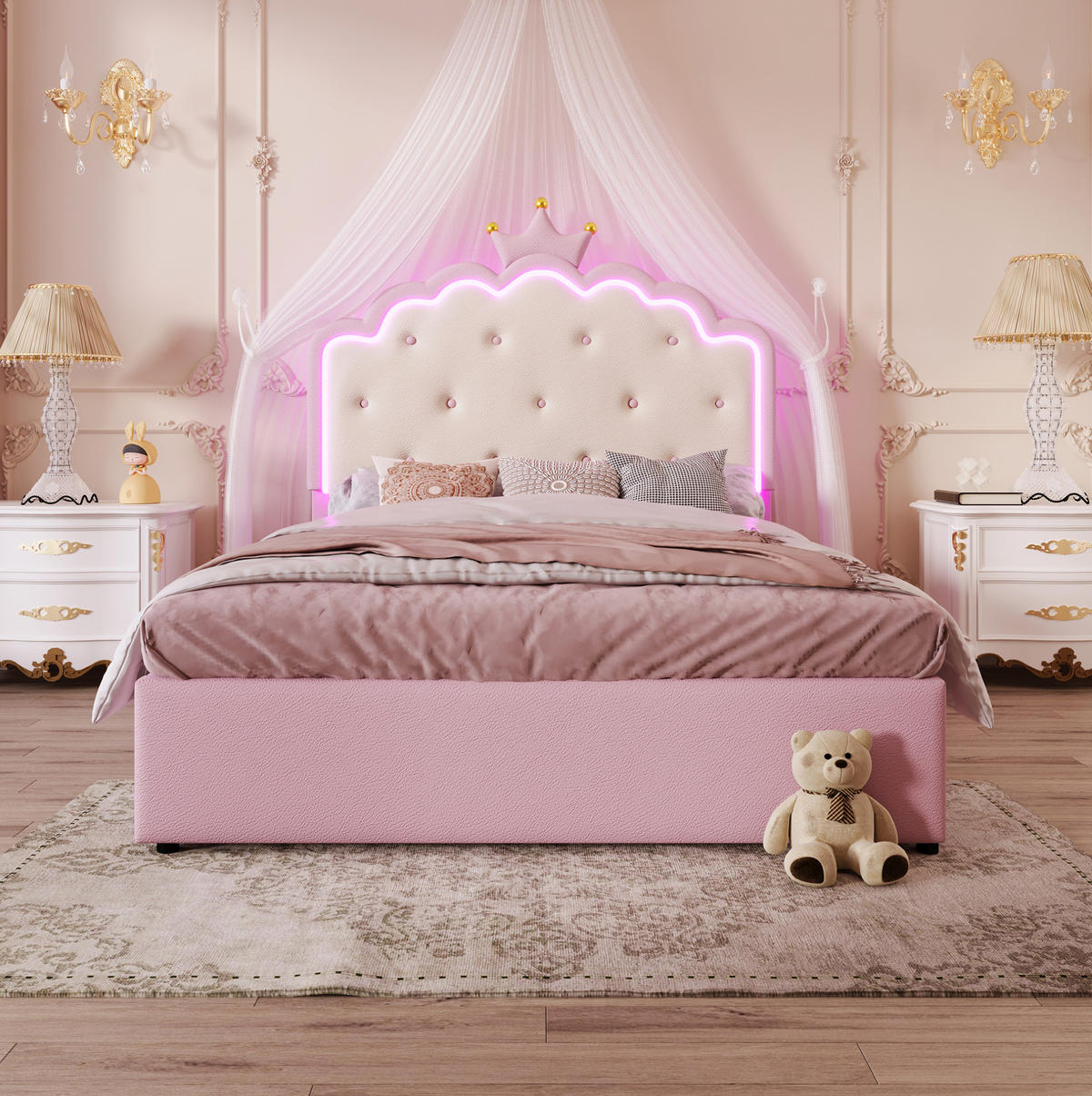 POLSTERBETT 140/200 cm aus PU und MDF mit LED-Beleuchtung, Ausziehbett und 2 Schubladen Rosa - Pink, Kunststoff (140/200cm) - Modenvie