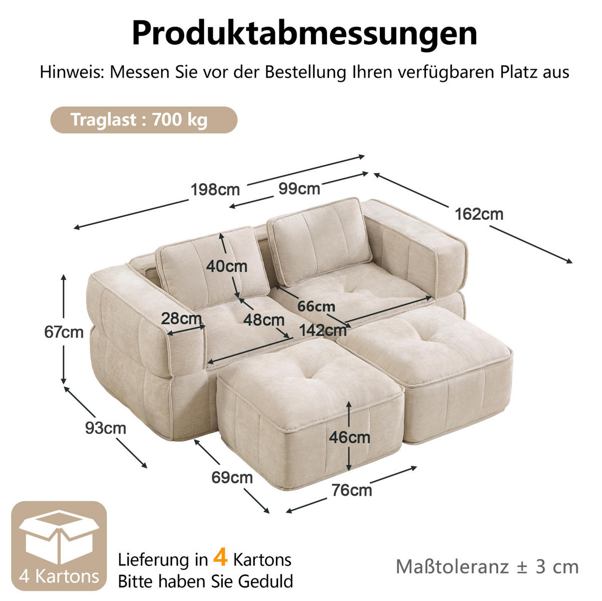 SOFA 198/162/67 cm in Beige aus Polyester mit tiefer Sitzfläche - Beige, Kunststoff (162/67/198cm) - Flora Grace