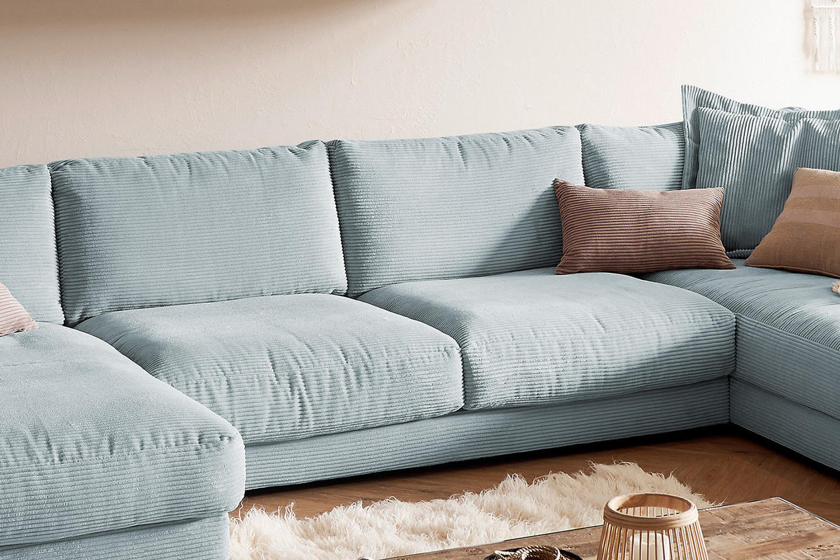 WOHNLANDSCHAFT MADELINE Hellblau Cord - Schwarz/Hellblau, Kunststoff/Textil (425/86/224cm) - KAWOLA