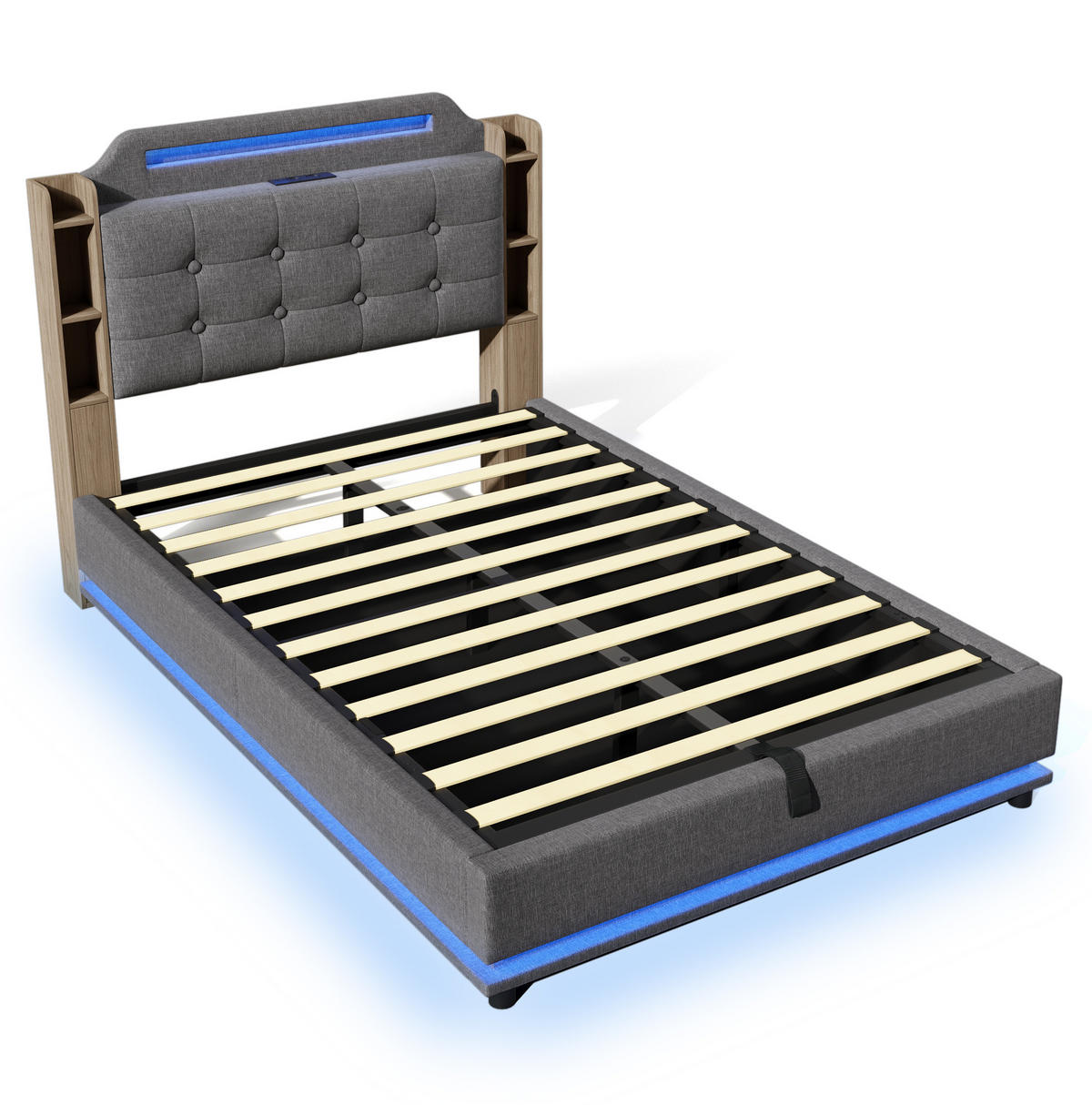 POLSTERBETT mit Bettkasten 140x200 cm Leinen Grau mit LED - Grau, Metall (140/200cm) - Meubliv