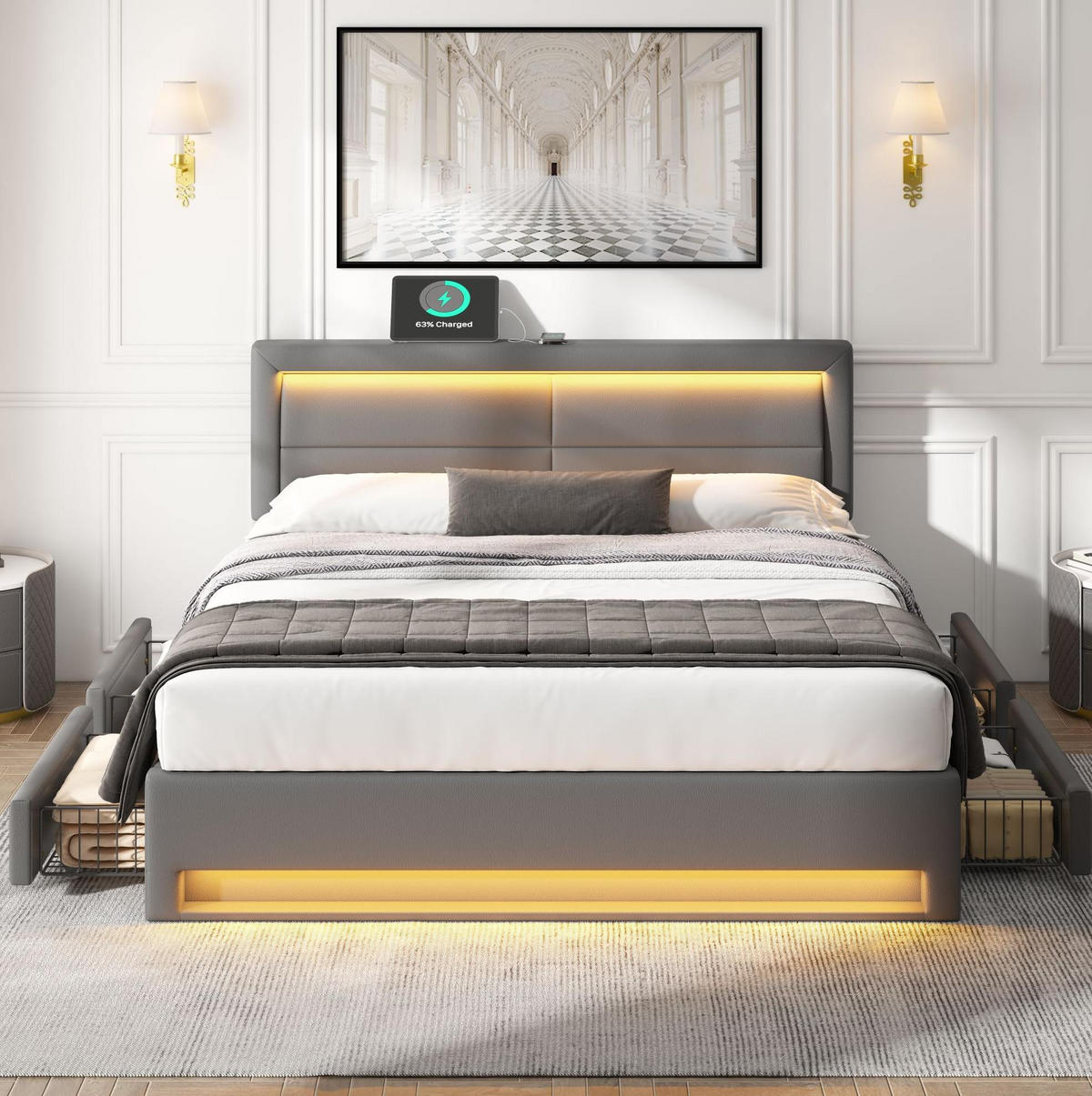 POLSTERBETT mit USB, LED und 4 Schubladen 140x190 cm PU Grau - Grau, Metall (140/190cm) - Meubliv