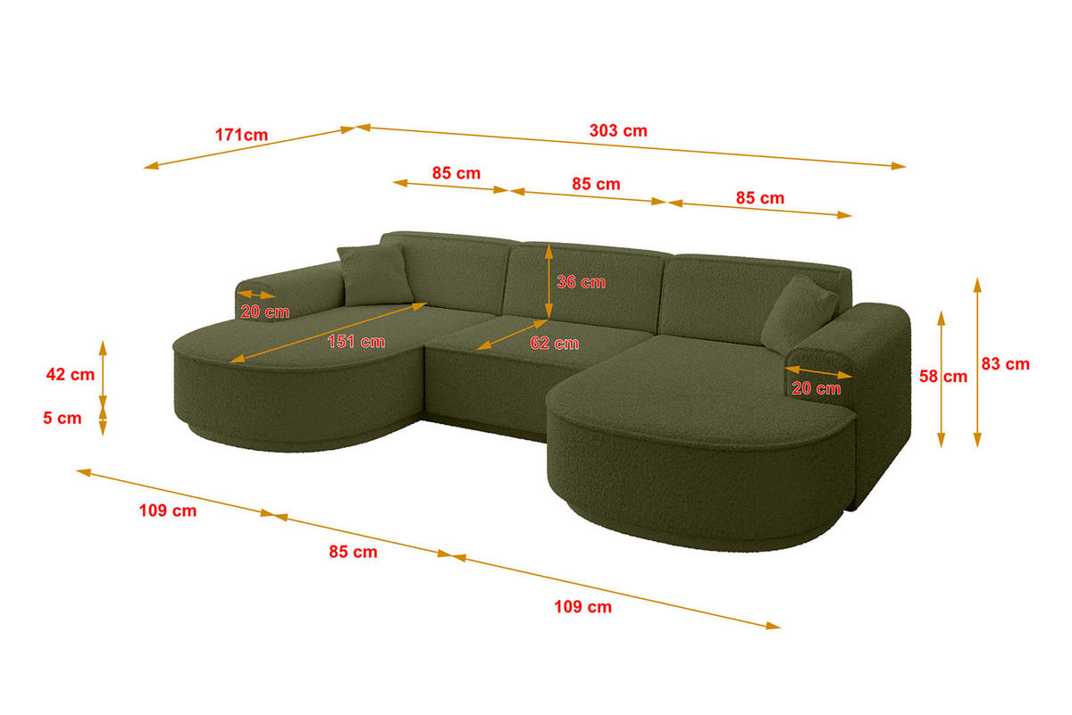 WOHNLANDSCHAFT MARI-U1-v3 - 303x171x83 cm Grün Bouclé - Schwarz/Grün, Holzwerkstoff/Kunststoff (303/83/171cm) - ALTDECOR