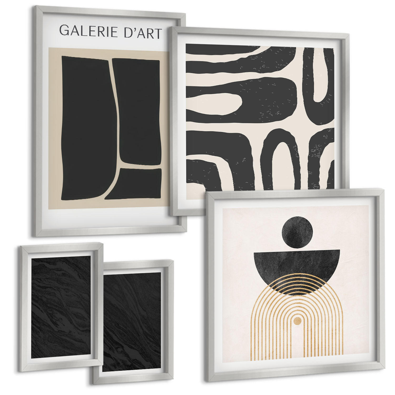 BILDER SET 5er Set - 50x50 cm & 20x30 cm & 40x60 cm Silberner Rahmen - Abstrakte Marmorformen - Silberfarben, Kunststoff (40/60cm) - TULUP