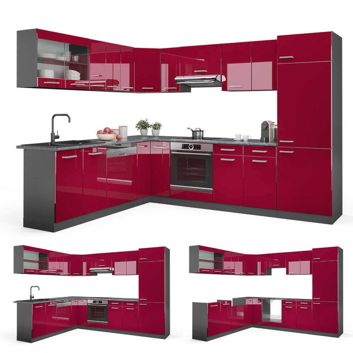 ECKKÜCHE R-Line Bordeaux Hochglanz/Anthrazit 227 x 287 cm, AP Marmor - Bordeaux/Anthrazit, Holzwerkstoff (287/81.6/60cm) - Vicco