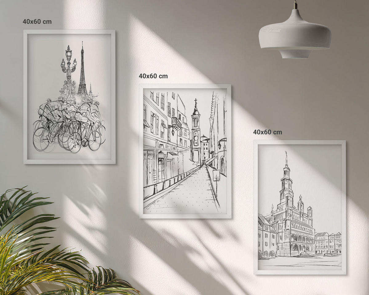 BILDER SET 3er Set - 40x60 cm Weißer Rahmen - Einfache Zeichnungen von Stadtlandschaften - Weiß, Kunststoff (40/60cm) - TULUP