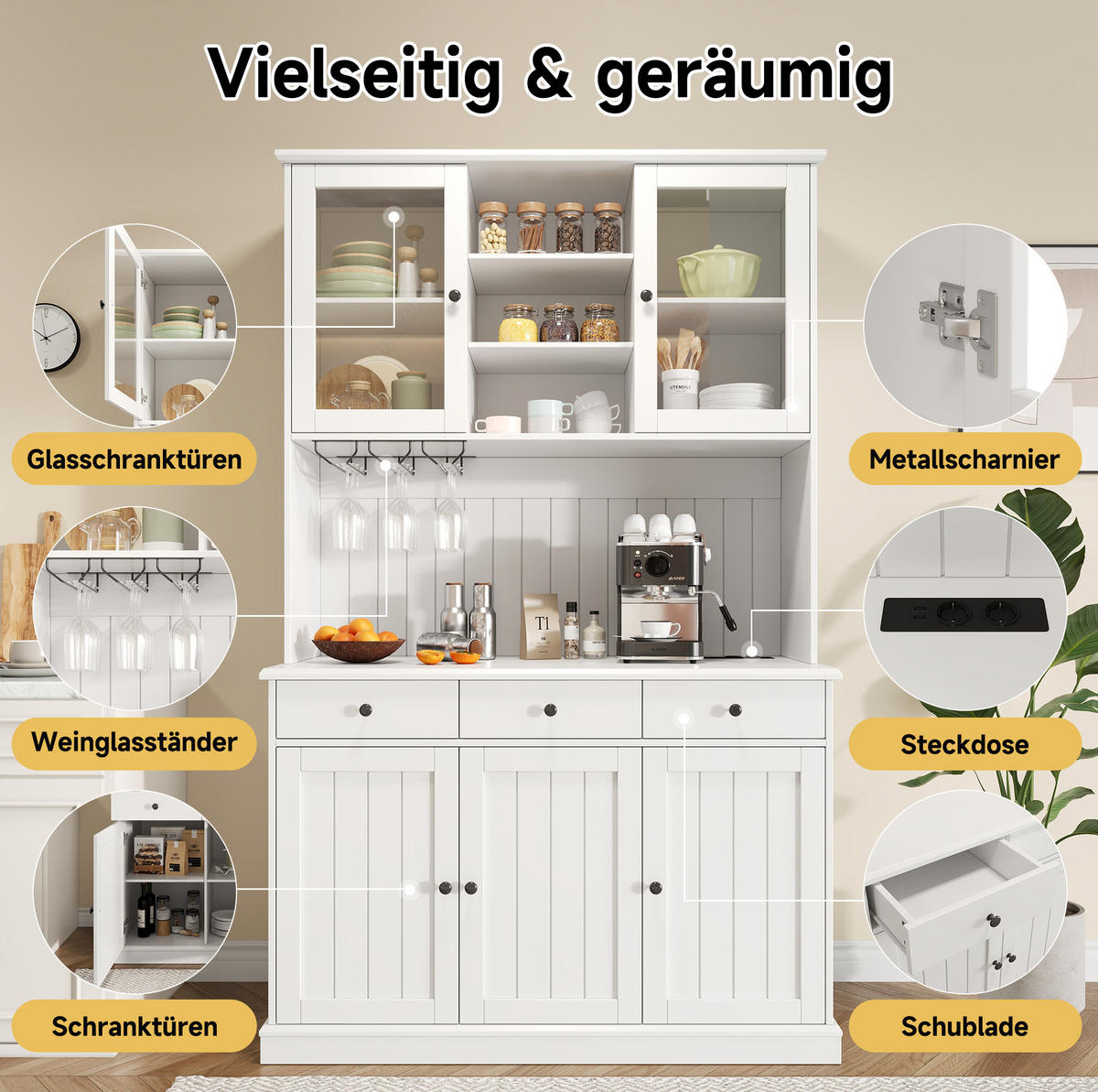 BUFFETSCHRANK mit Glastüren 120 x 40 x 191 cm MDF Weiß - Weiß, Holzwerkstoff (40/191/120cm) - Meubliv