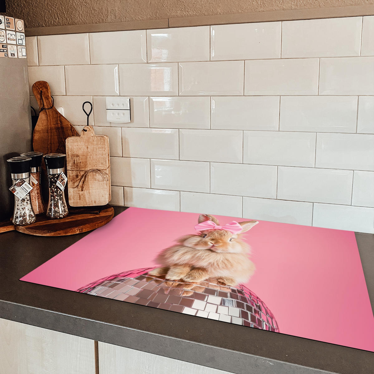 HERDABDECKPLATTE Schleife - Discoball - Kaninchen Ceranfeldabdeckung 78x52 cm - Pink, Kunststoff (78/52/0.2cm) - MuchoWow