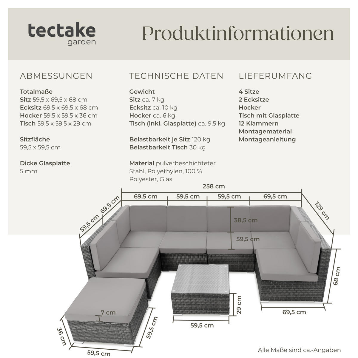 RATTANLOUNGE Venedig, mit Sicherheitsglasplatte, grau - Grau, Kunststoff - tectake