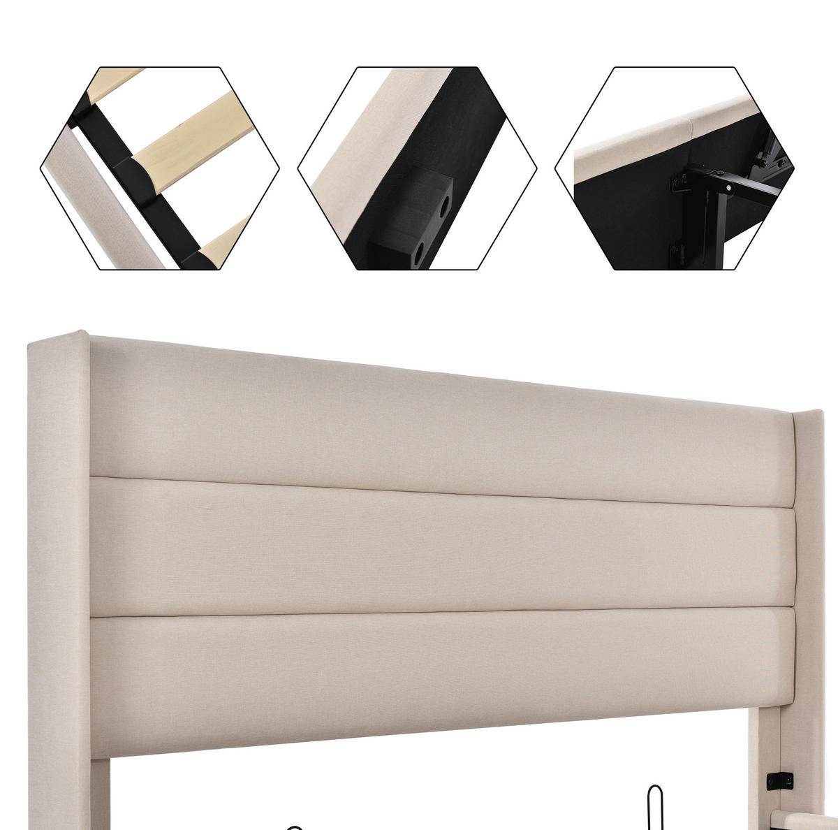 POLSTERBETT aus Leinen 160x200 cm Beige mit Bettkasten und hydraulischem Lattenrost - Beige, Textil (160/200cm) - IVMEU
