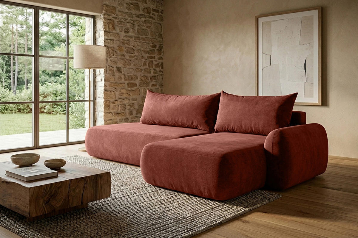 ECKSOFA Mit Schlaffunktion Und Bettkasten, Velvet-Stoff Vena, Kupfer, Rechts, HELA I - Kupferfarben, Holz (302/184cm) - Kaiser Möbel