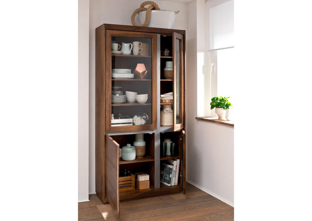 VITRINE Sheesham 102x40x205 noble unique lackiert SYDNEY #101 - Braun, Holz (102/205/40cm) - Massivmoebel24