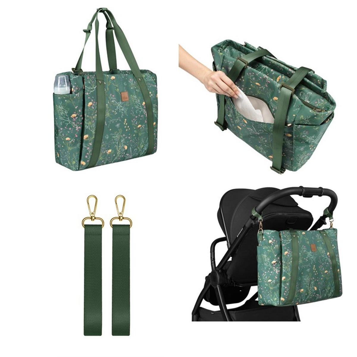 WICKELTASCHE Florence grün Wickelunterlage, Flaschentaschen, Reißverschluss, Kinderwagenclips - Grün, Textil (17/43/35cm) - Kikka boo