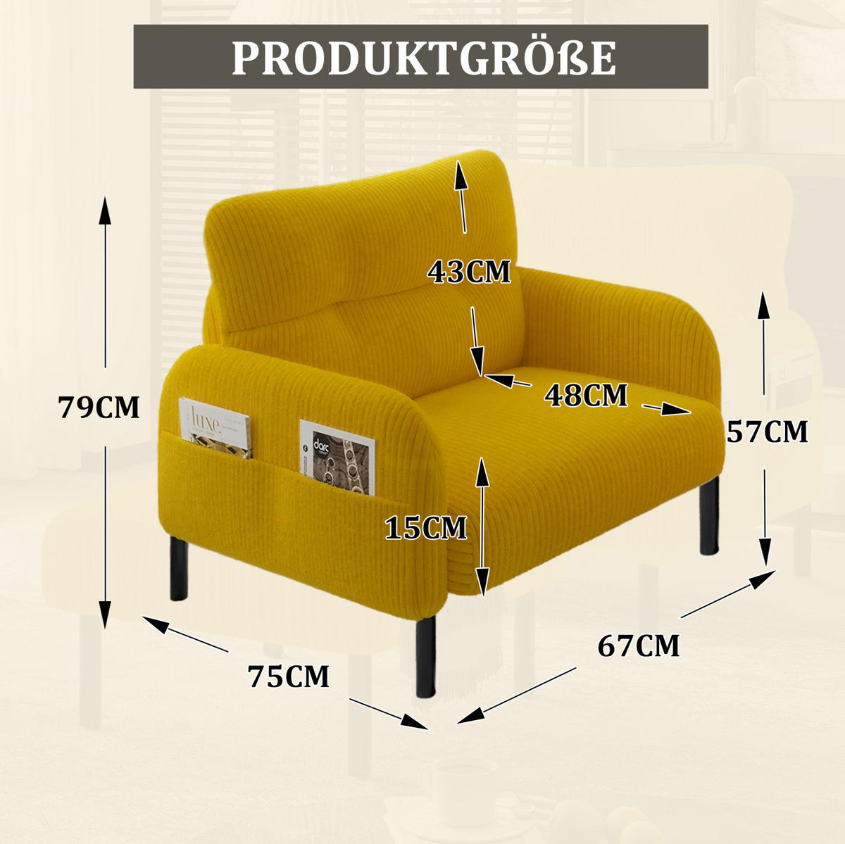 SESSEL 67/75/79 cm in Gelb aus Cord mit Seitentasche - Gelb, Textil (67/79/75cm) - BEAOK
