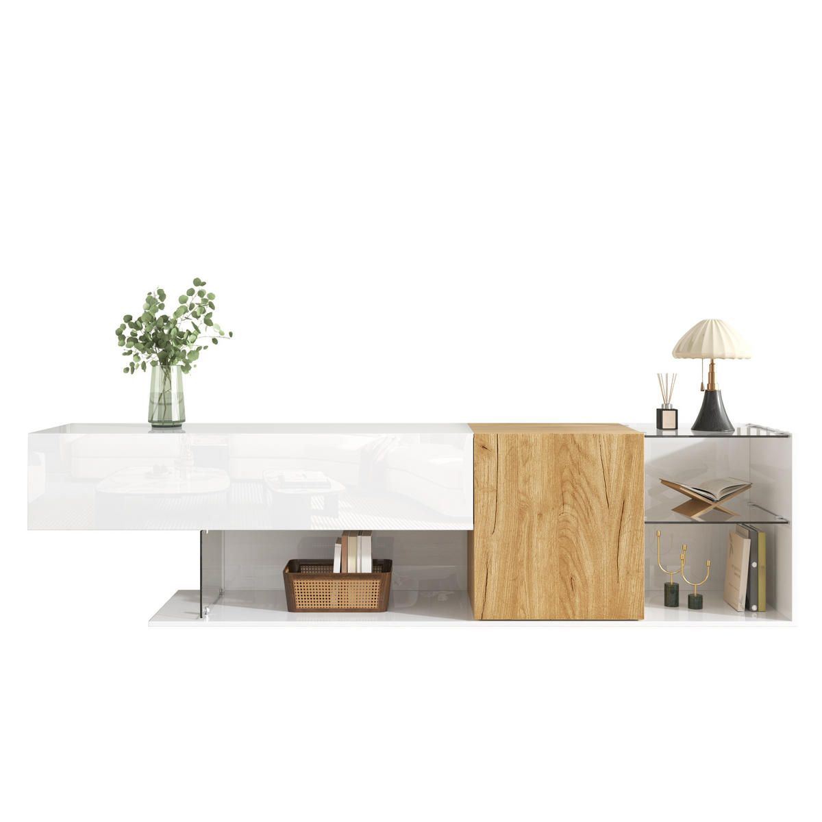 TV-KOMMODE in Hochglanz Weiß mit Holzoptik und Glasregalen 180/38/48 cm - Weiß, Holzwerkstoff (180/48/38cm) - Redom