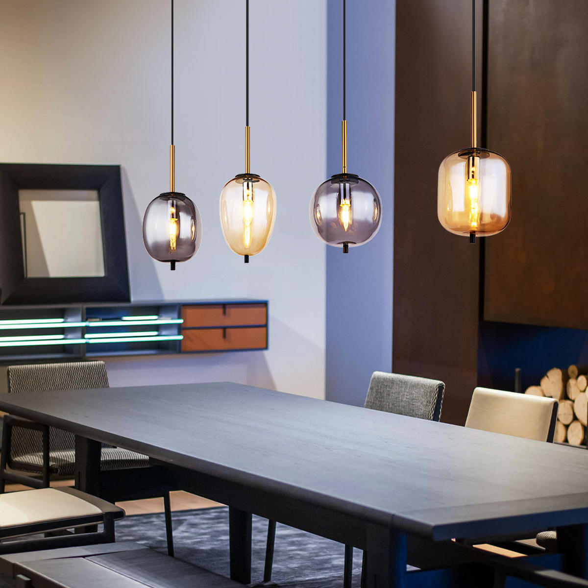 HÄNGELEUCHTE Metall Schwarz Amber-Glas 4-Flammig - Schwarz, Glas (110/18.5/120cm) - Globo Lighting