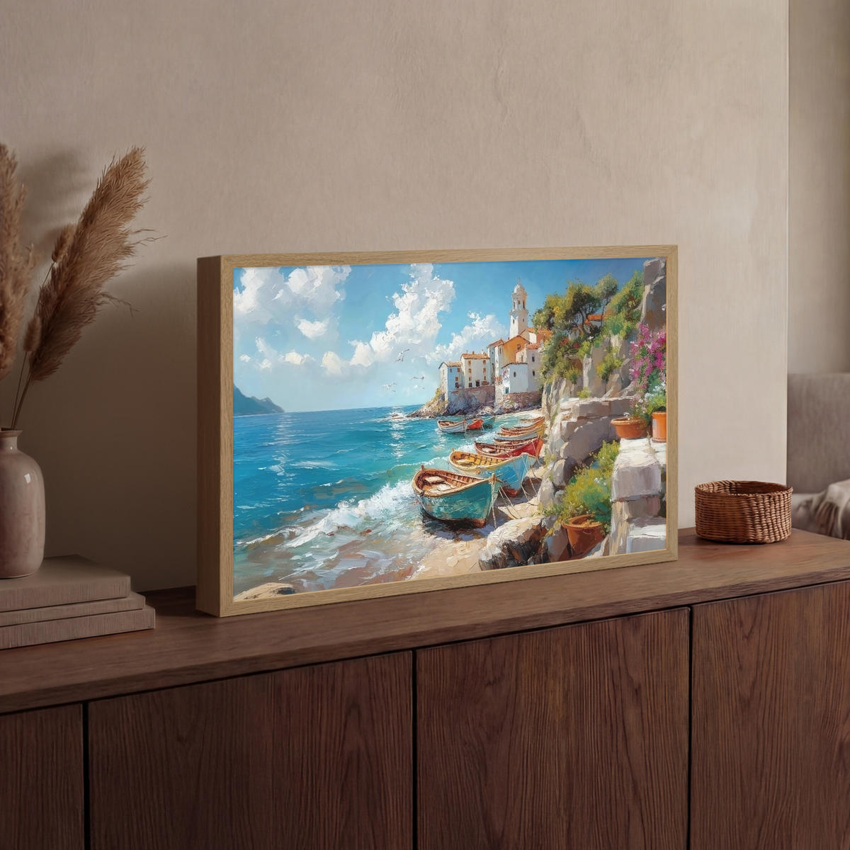 NÁSTĚNNÁ LAMPA S AKUMULÁTOREM Lodě - skály - moře - slunce 60x40 cm - modrá, kompozitní dřevo (60/40/8cm) - OnlyWow