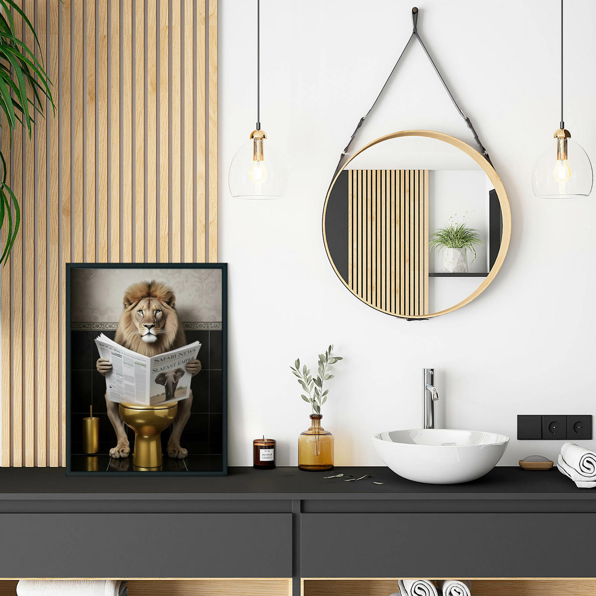 POSTER für WC Badezimmer LÖWE in Toilette Zeitung Abstraktion 30x40cm - Gelb/Beige, Papier (30/40/40cm) - Muralo