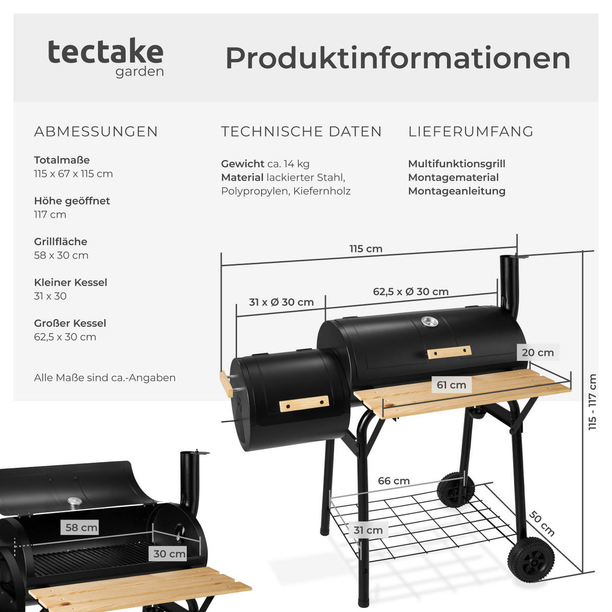 HOLZKOHLEGRILL ,115 x 67 x 115 cm,schwarz - Schwarz, Metall (67/117/115cm) - tectake