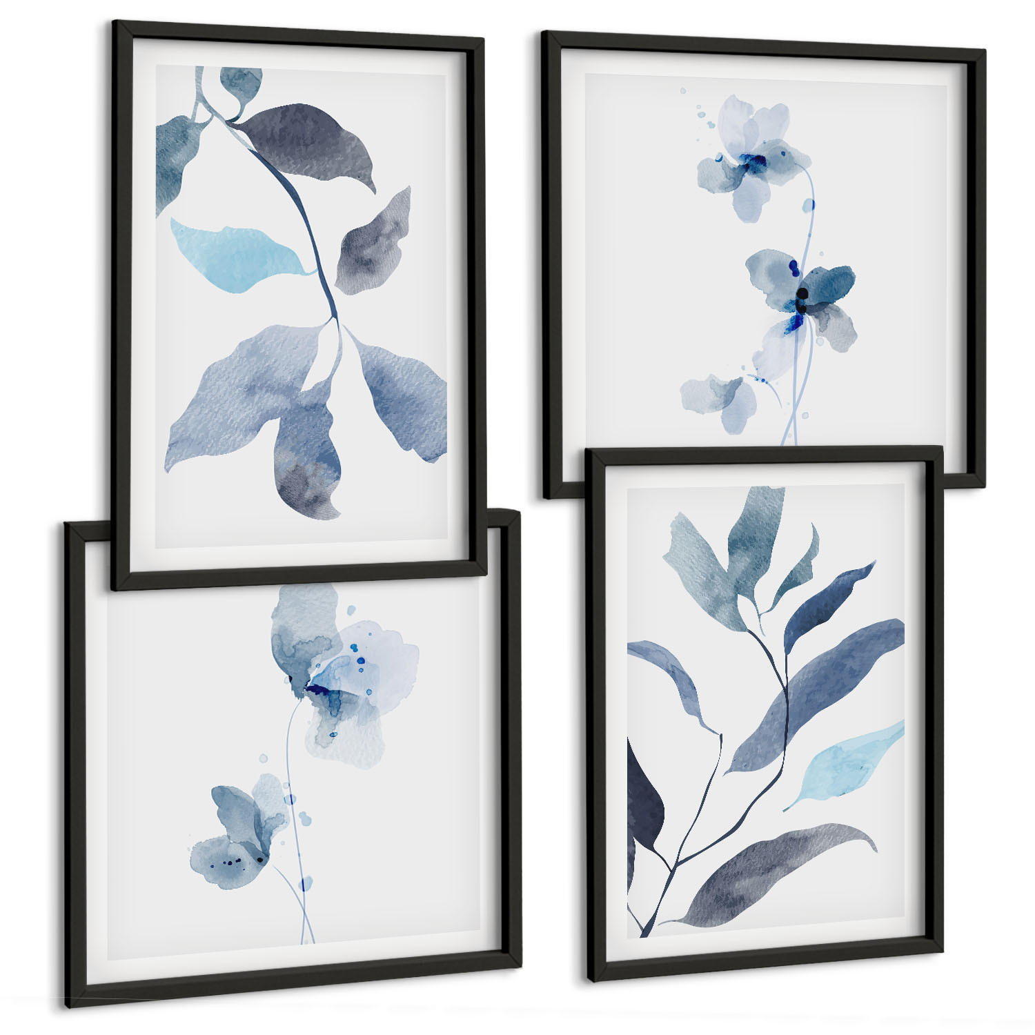 BILDER SET 4er Set - 50x50 cm & 40x60 cm Schwarzer Rahmen - Aquarell von blauen Blättern - Schwarz, Kunststoff (50/50cm) - TULUP