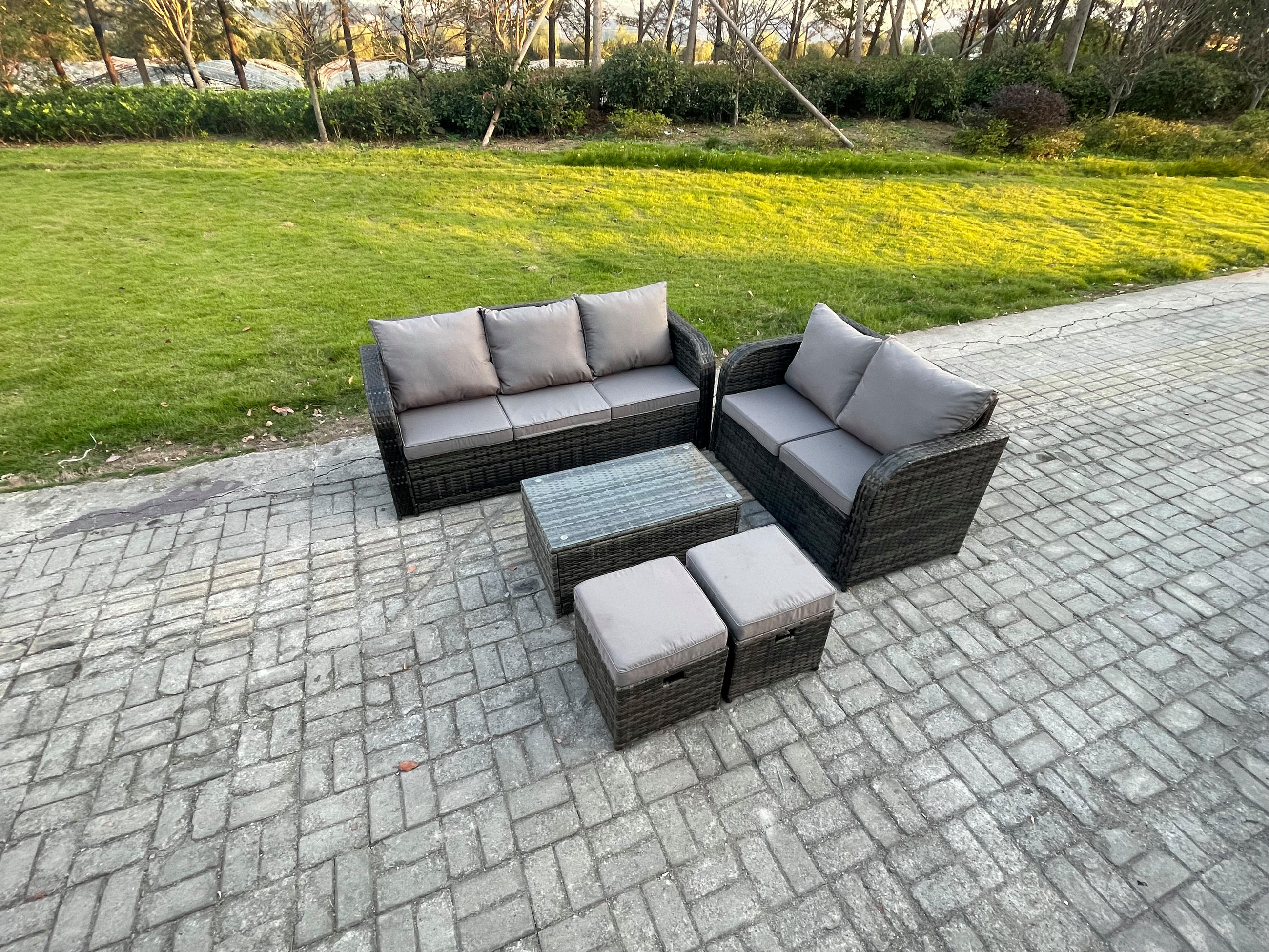 GARTENMÖBELSET mit Couchtisch Polyrattan 7-Sitzer - Dunkelgrau/Grau, Glas/Kunststoff - Fimous
