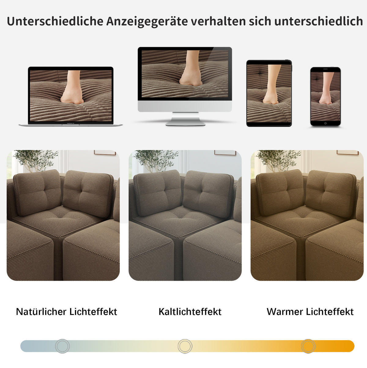 SOFA 208/104/69 cm in Braun aus Cord mit modularer Gestaltung - Braun, Textil (104/69/208cm) - Flora Grace