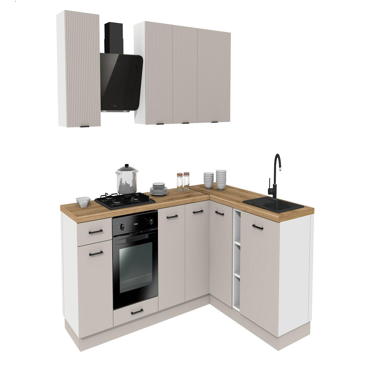 WINKELKÜCHE 240x180 cm mit Arbeitsplatte - SIMPLY Z2 - in Kaschmir / Kaschmir Rille / Weiß - Kaschmir/Schwarz, Holz/Holzwerkstoff (420/212/53cm)