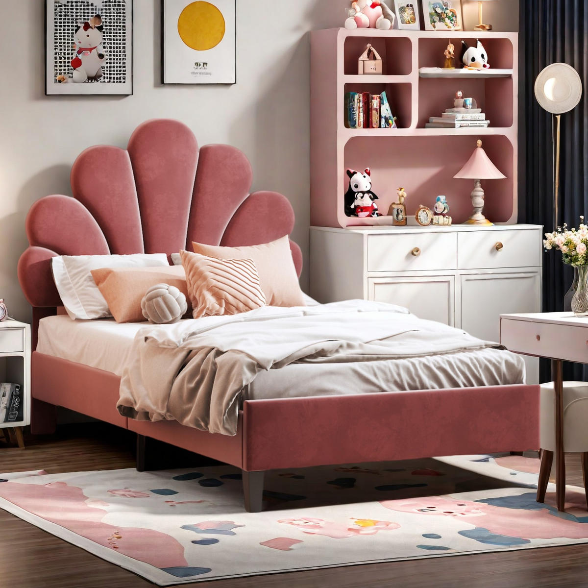EINZELBETT 90x200 cm aus Samt in Rouge, luxuriöses Kinderbett in Muschel-Optik, weiches Jugend-Polsterbett mit Lattenrost - Rot, Holzwerkstoff (90/200cm) - Brevoria