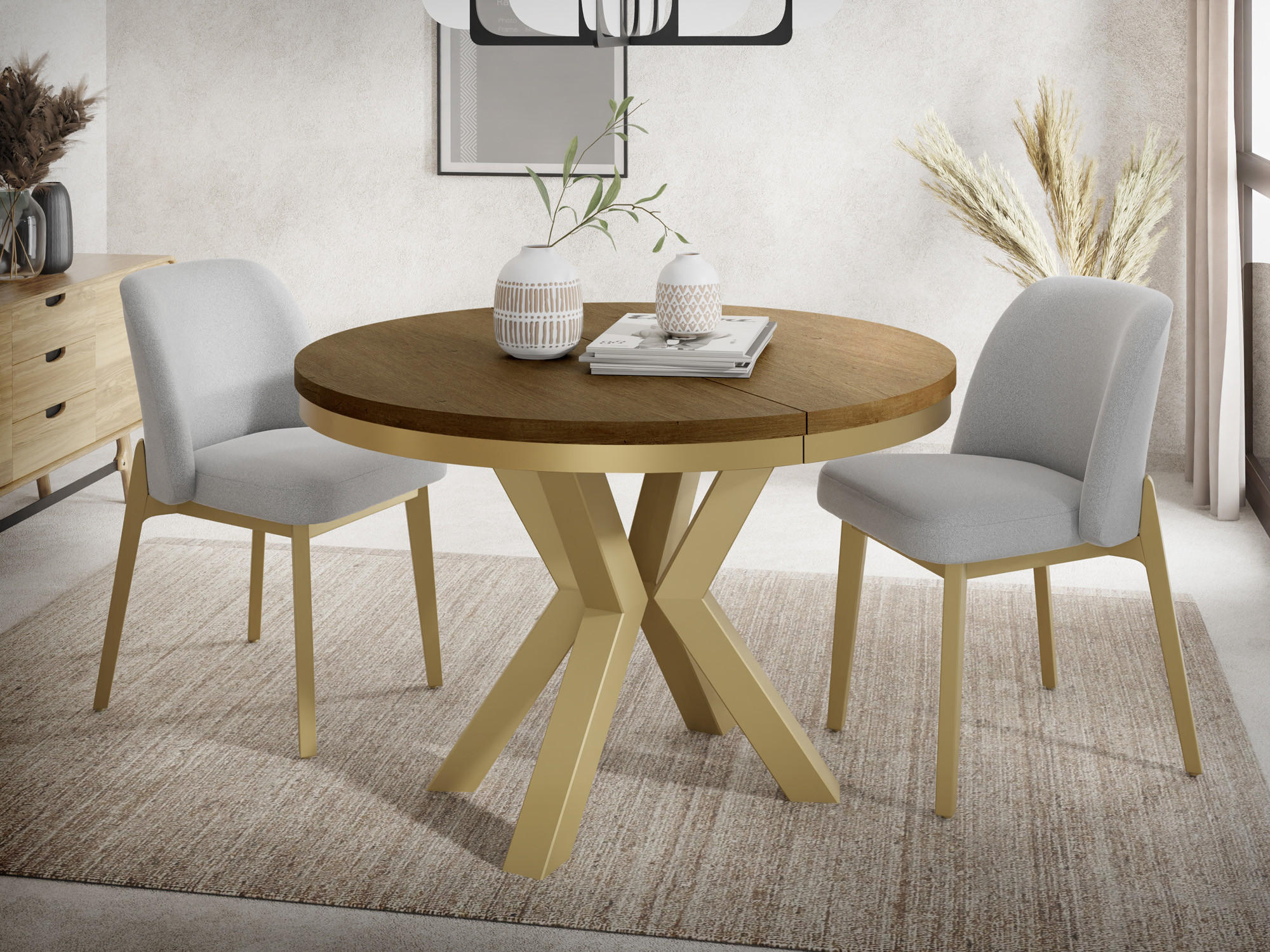 ESSTISCH Clara Gold runder ausziehbarer, Lefkas Eiche 120-200/120/76 cm - Alteiche/Goldfarben, Holzwerkstoff/Metall (120/120/76cm) - WFL GROUP