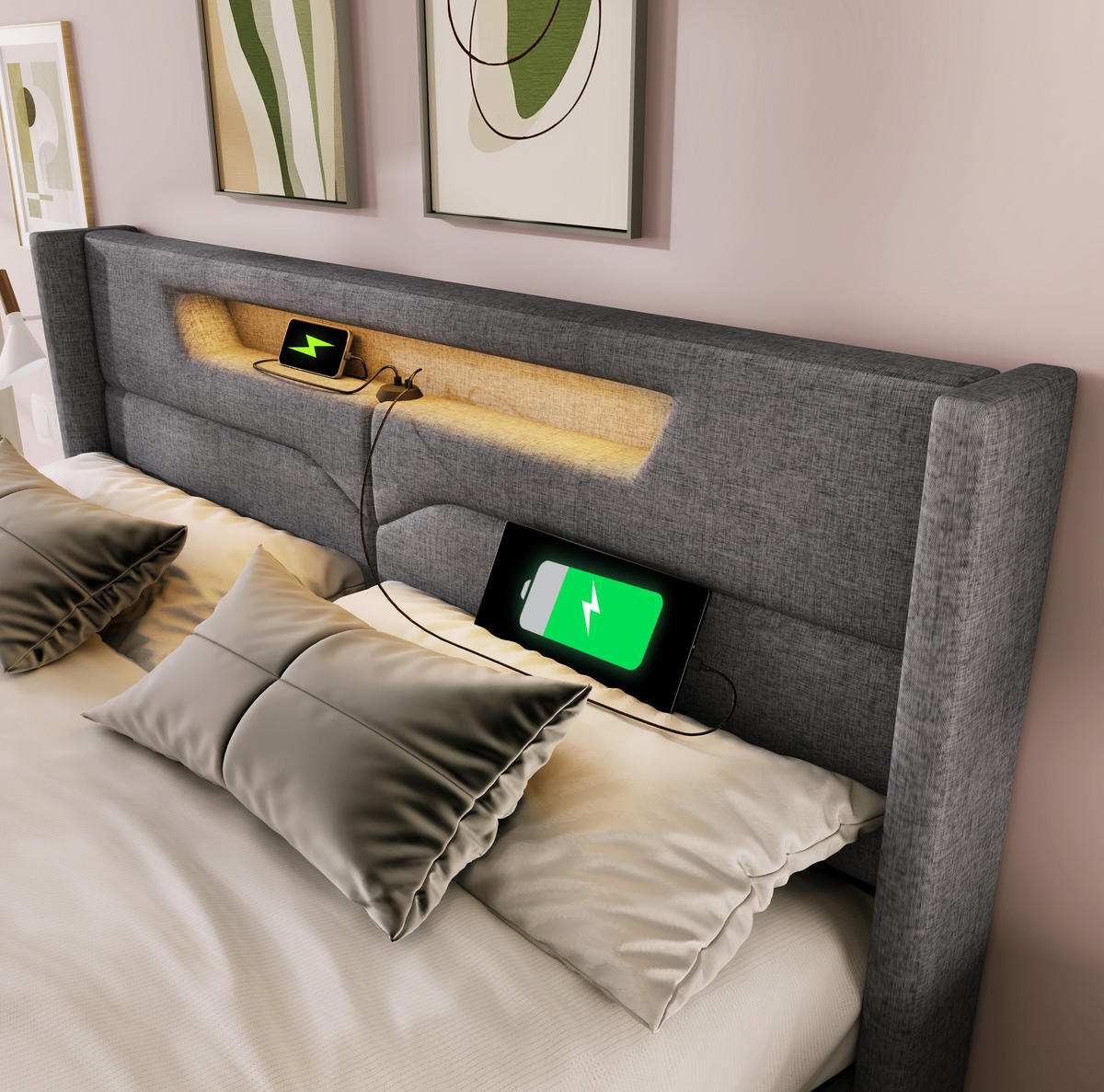 POLSTERBETT 160/200 cm grau aus Leinen mit LED, USB-C und Stauraum - Grau, Textil (160/200cm) - OKWISH