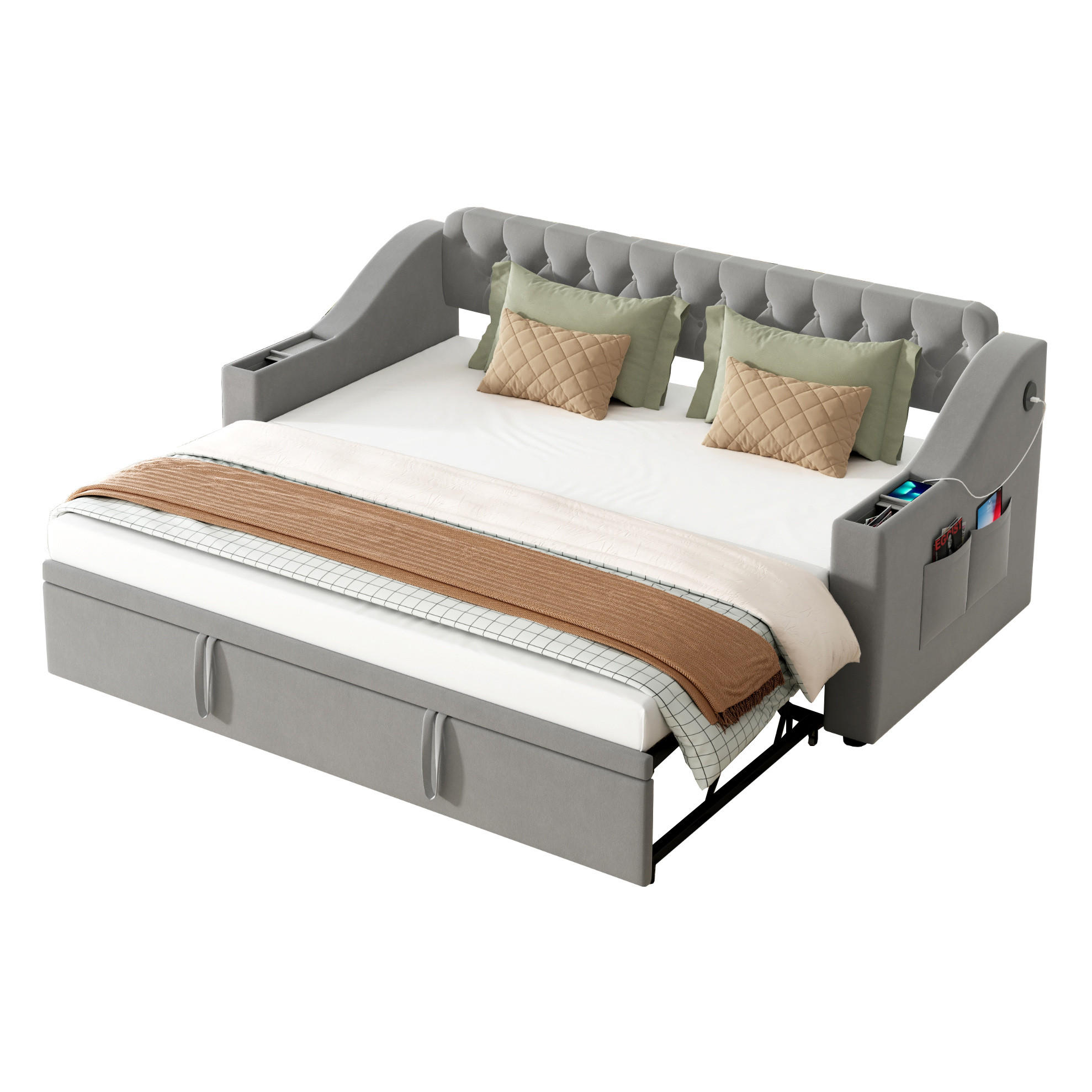POLSTERBETT 90/180×190 cm Grau aus Samt mit USB- und Type-C-Anschlüssen - Grau, Textil (90/180cm) - Flora Grace