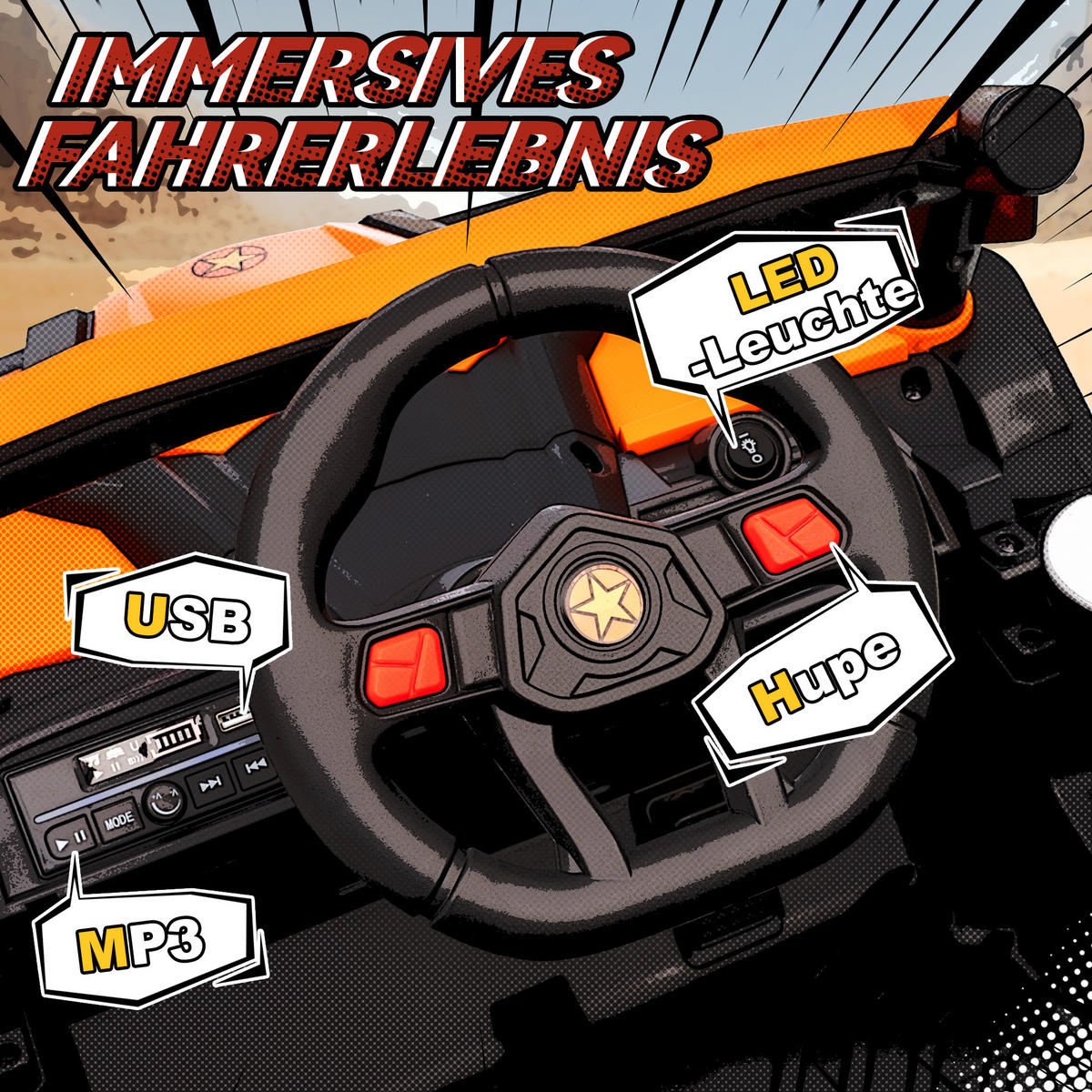 KINDER-ELEKTROAUTO 12V Kinderauto UTV mit 2,4 GHz Fernbedienung, Softstart - Orange, Kunststoff (96/61/56cm) - AIYAPLAY