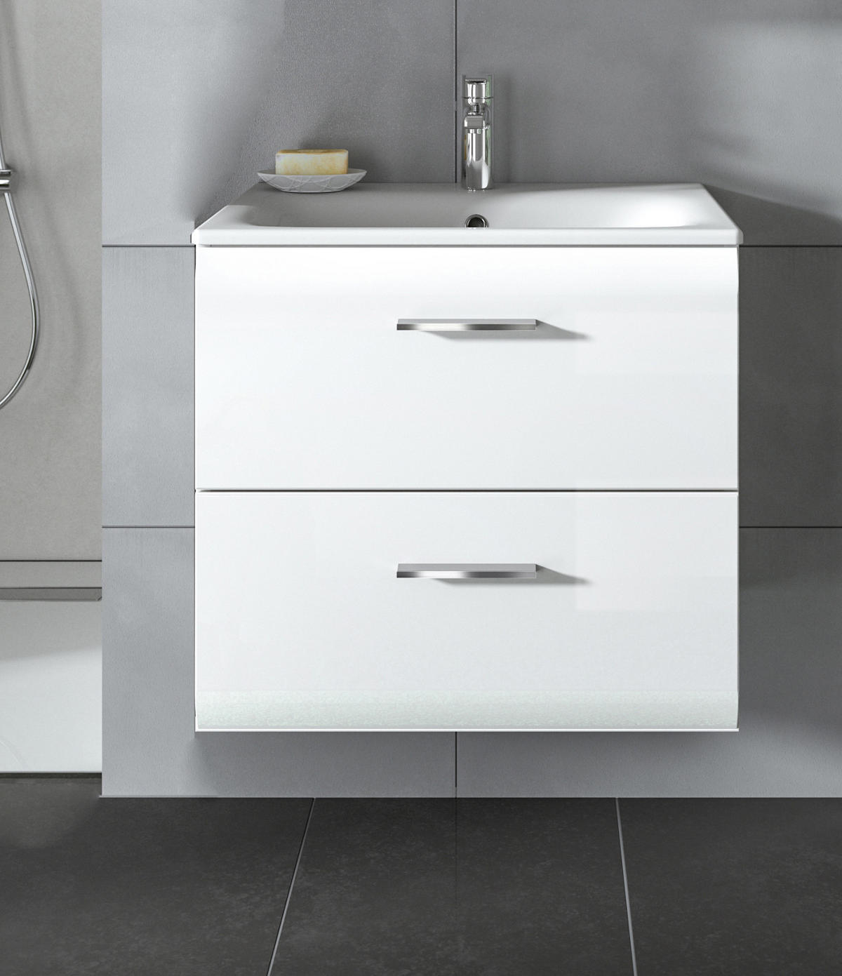 WASCHBECKENUNTERSCHRANK inklusive Waschbecken weiß Hochglanz, Waschtisch hängend - Weiß Hochglanz, Keramik/Holzwerkstoff (60/55/46cm) - Inn.Furn