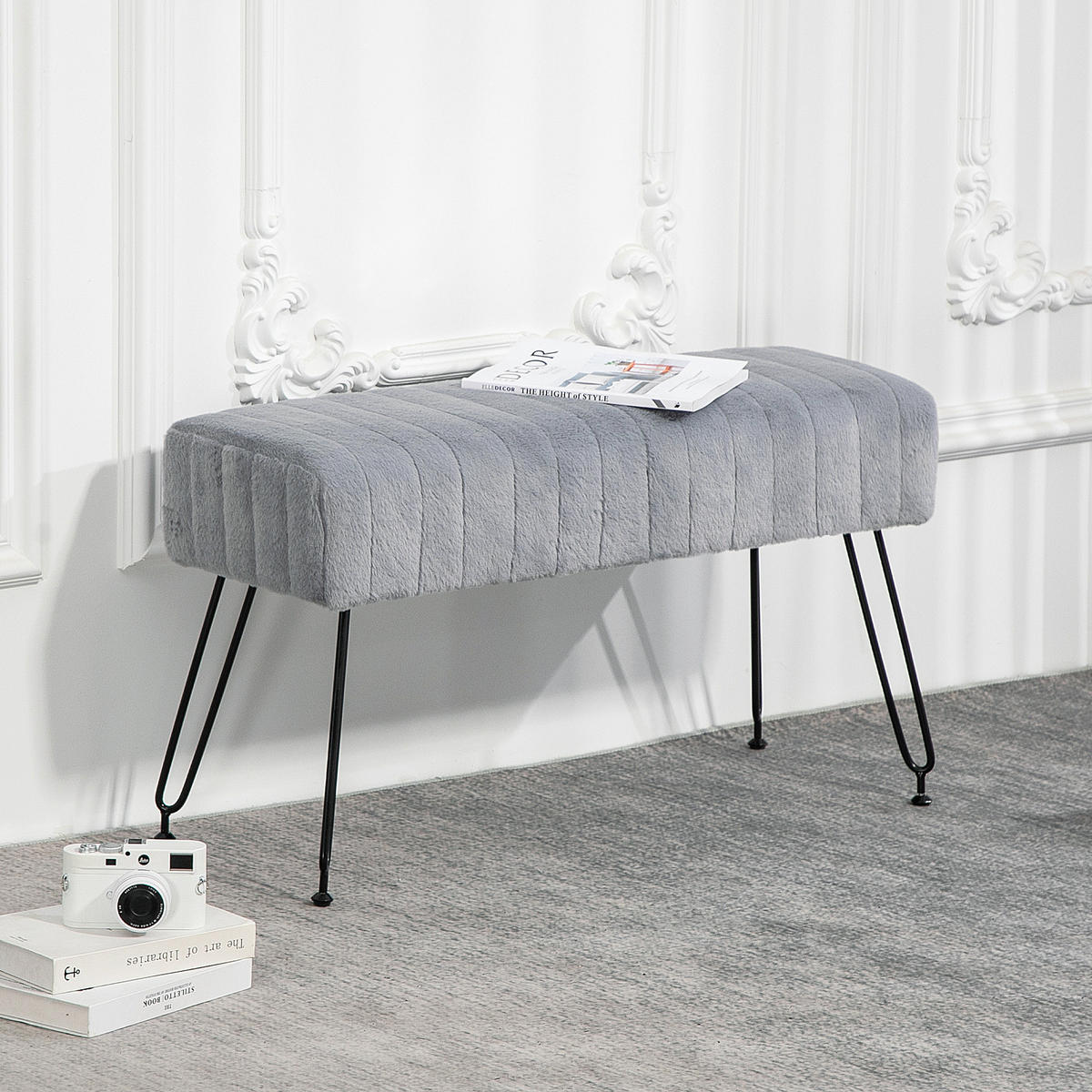 SITZBANK, Polsterbank mit Kunstfell-Optik, Metallbeine, Schuhbank für Flur Grau - Grau, Kunststoff (30/47/82cm) - HOMCOM