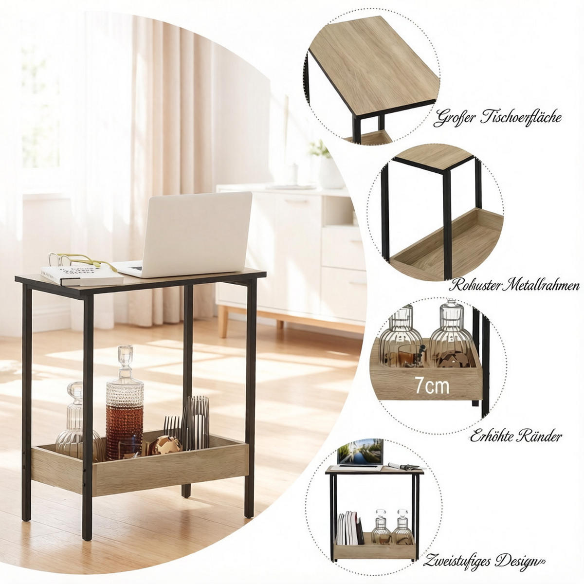 BEISTELLTISCH DE-37248 quadratisch mit 2 Regalen Holz - Eichefarben, Metall (50/25/55cm) - ComfortXL