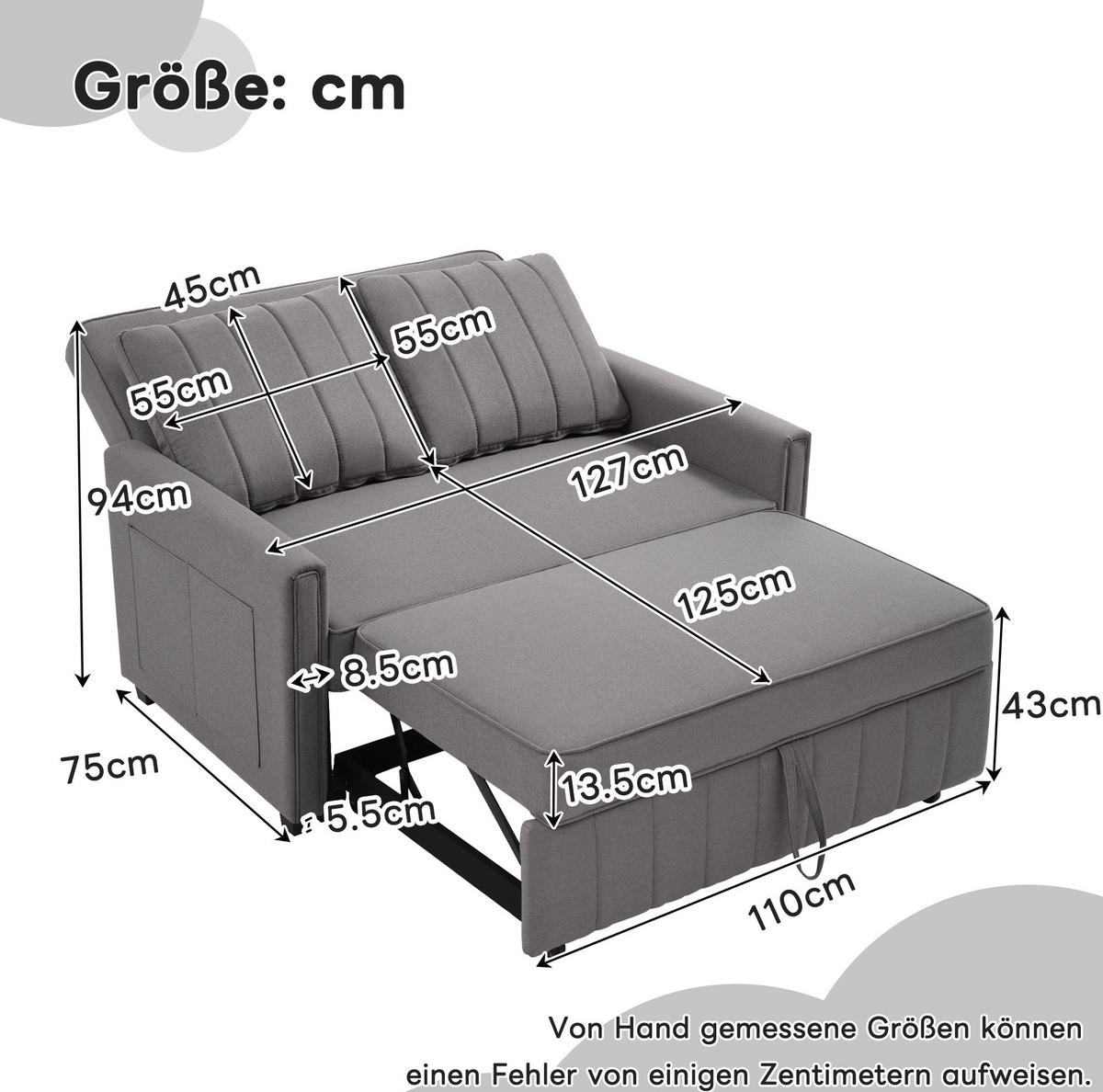 KLAPPSOFABETT mit Schlaffunktion und 3-fach Rückenlehne Antikgrau 127/75/94 cm - Grau, Textil (75/94/127cm) - Redom