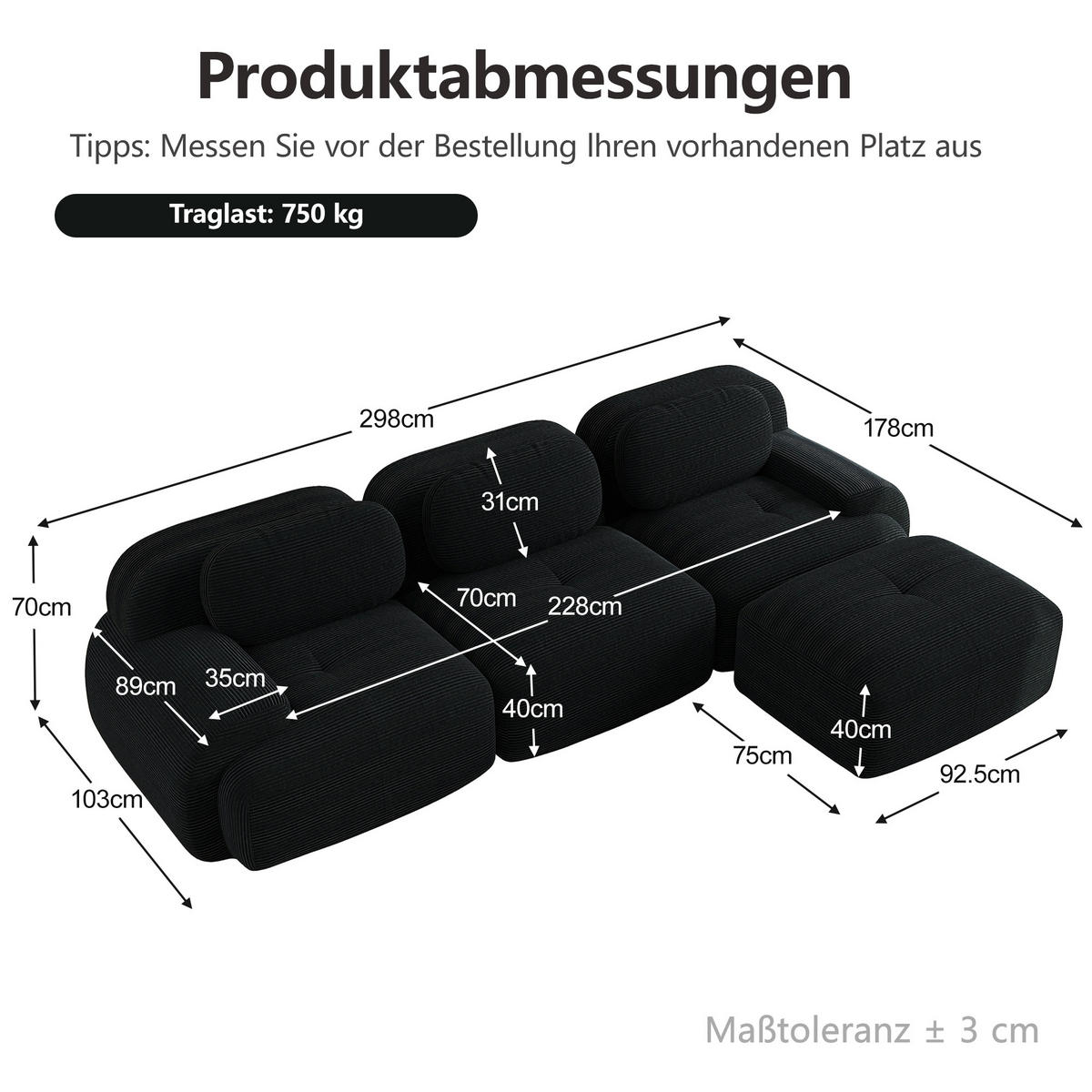 ECKSOFA DE-34025 modular 3-Sitzer Schwarz - Schwarz, Textil (178/298cm) - ComfortXL