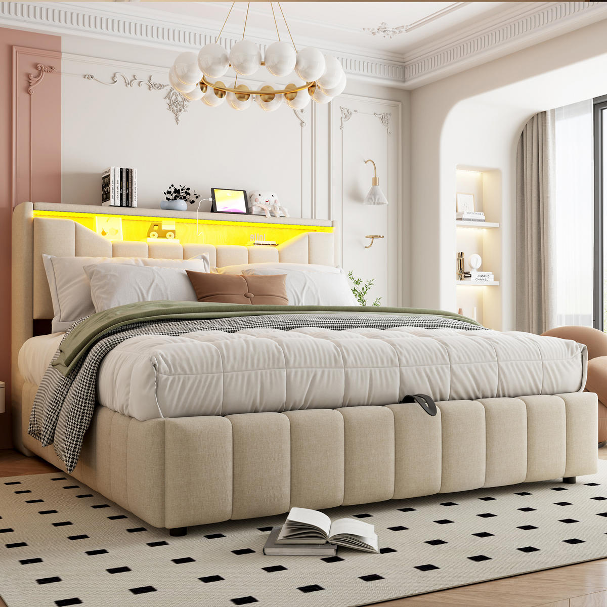 STAURAUMBETT 180/200 cm mit Hydraulik und LED, DE-41942, in Beige - Beige, Metall (180/200cm) - ComfortXL