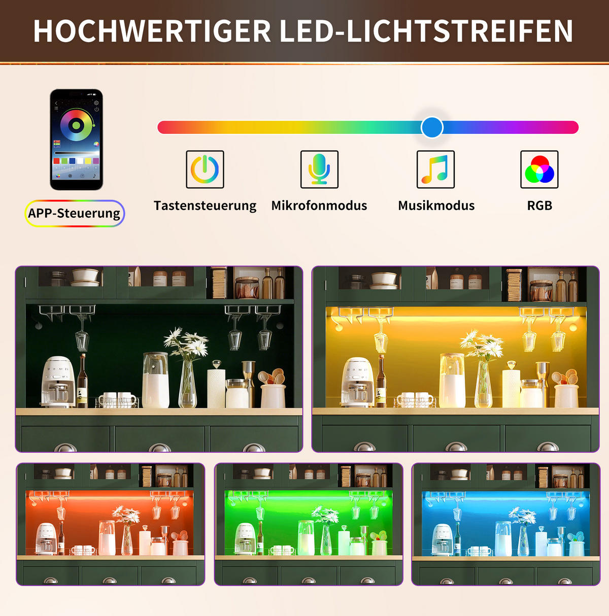 BUFFETOVÁ skrinka 104/40/180 cm zelená z MDF s LED osvetlením a držiakmi na nápoje - zelená, kompozitné drevo (104/180/40cm) - OKWISH