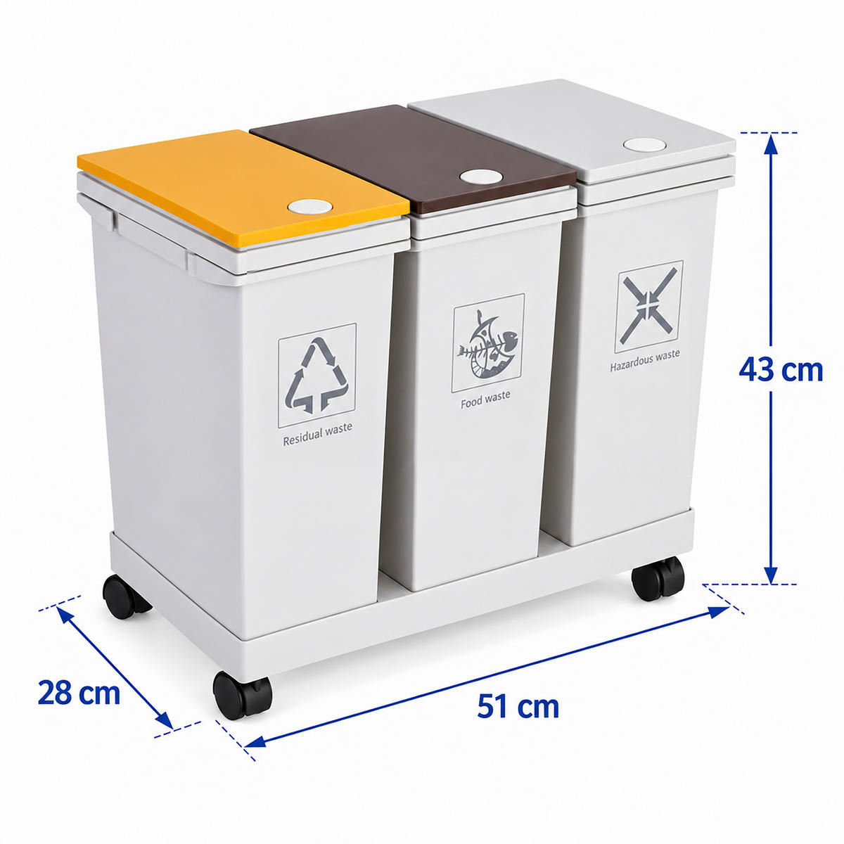 ODPADKOVÝ KOŠ Bílý plast s kolečky 3 přihrádky 3x 12 l - bílá, plast (51/43/28cm) - Relaxdays