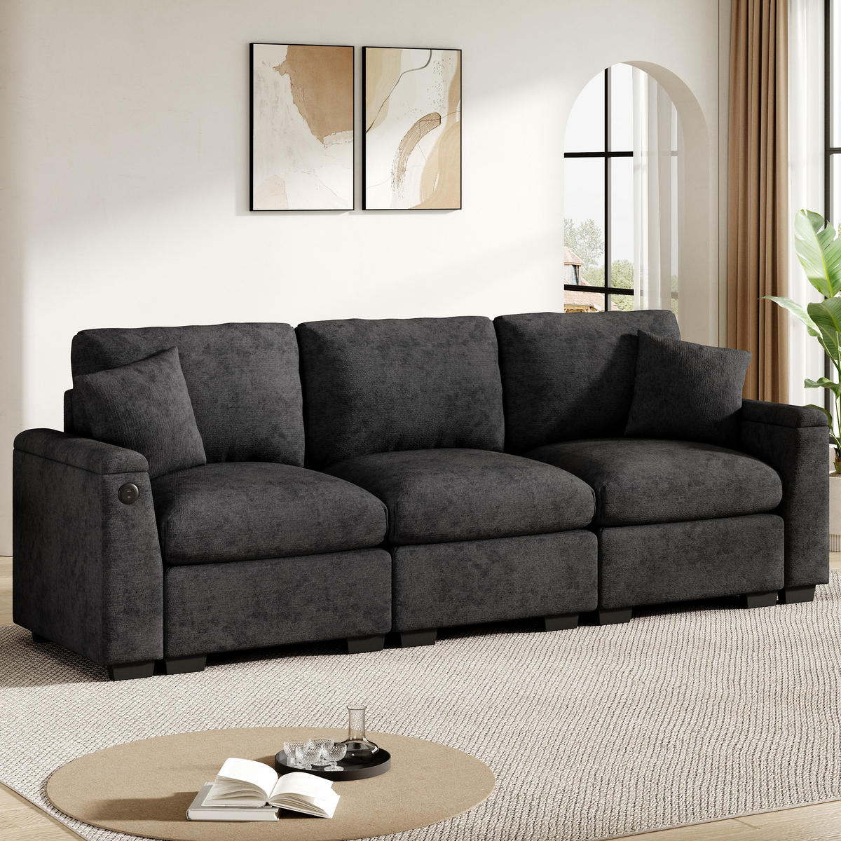 3-SITZER Sofa Chenille mit Klapptisch USB-Anschluss und Stauraum 242/80/88 cm Grau - Grau, Kunststoff/Textil (80/88/242cm) - Redom
