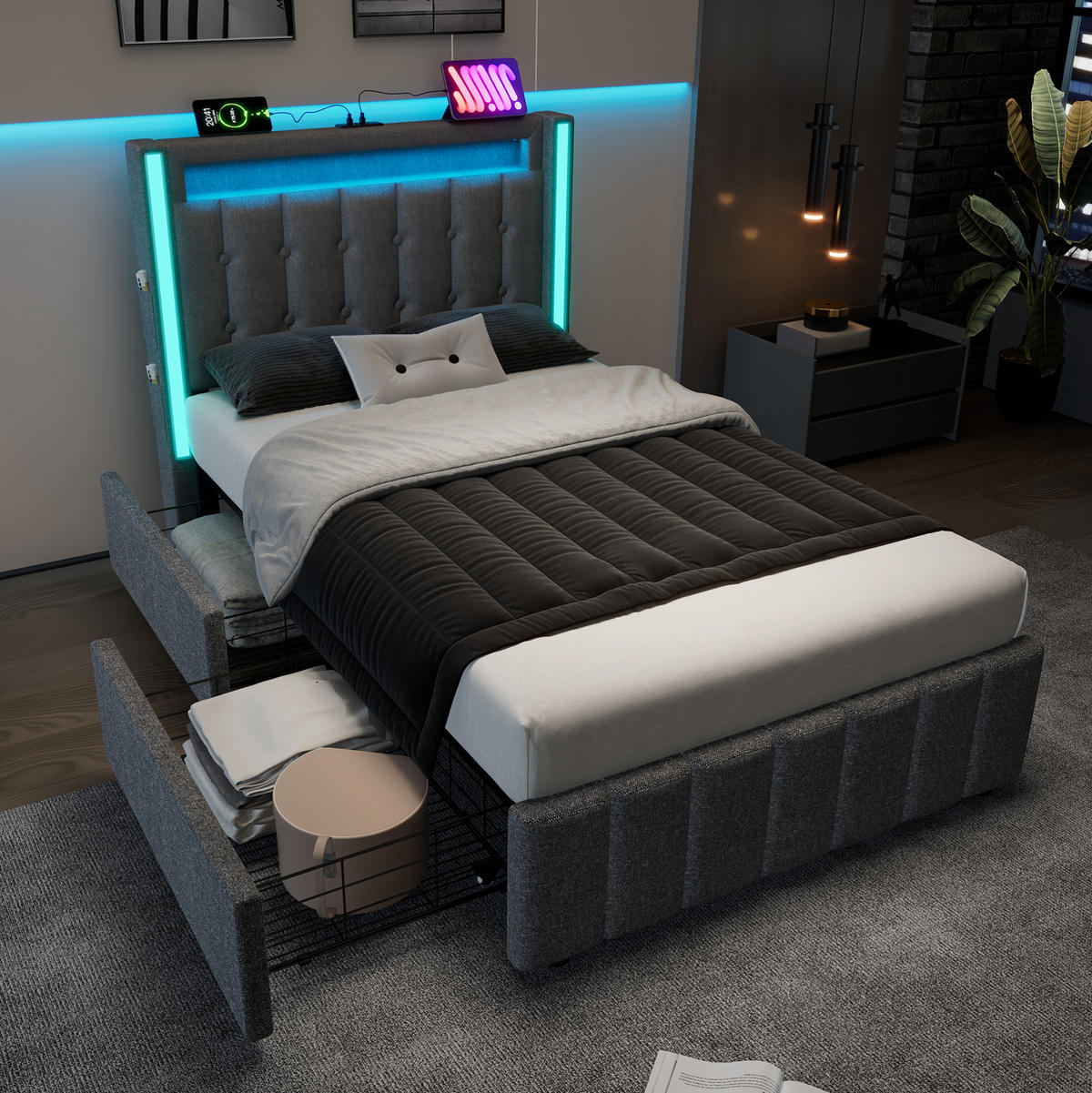 POLSTERBETT mit USB, LED und 2 Schubladen 90x200 cm Leinen Grau - Grau, Metall (90/200cm) - Meubliv