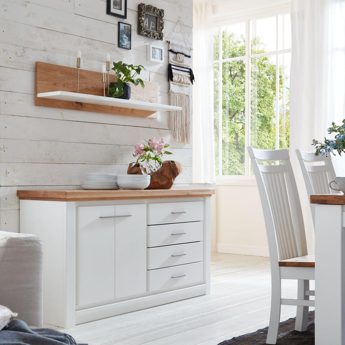 SIDEBOARD 2-trg 4 Schubladen weiß Olbia Wildeiche 141/45/82 cm - Weiß/Braun, Holz (141/82/45cm) - Casamia Massive Möbel